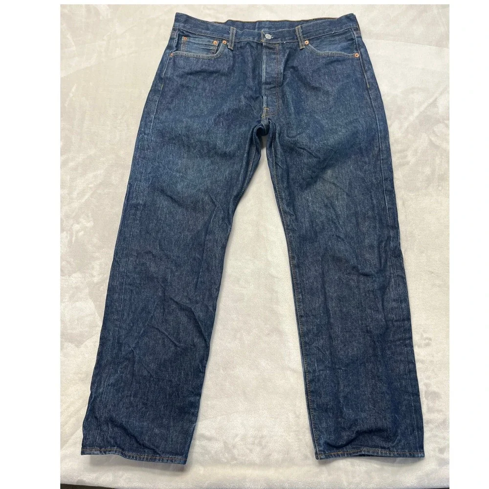 Levis 501 Original Fit Jeans Mens 38x32 Dark Blue Denim Button Fly Straight Leg